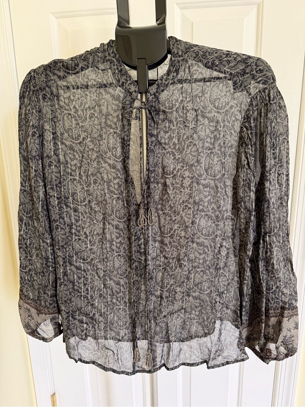 ZARA Gray Sheer Gold‑Thread Chiffon Blouse with Beaded Tassel Ties XS✨